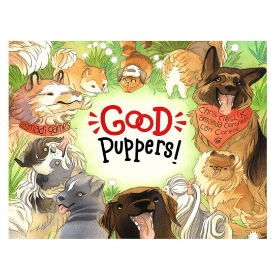 A square illustrated cover or card front featuring a collage of cartoon dogs and cats in green grass with the large text 'Good Puppers!' in the center. A red bandana on the right reads 'Chris Cresta and his Cane Corso can Cane Corso!' and a small logo on the left reads 'esmladi games'.
