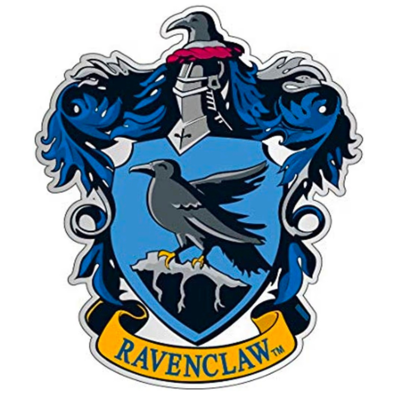 A Ravenclaw crest sticker or decal featuring a blue shield with a gray raven, a gray helmet, blue feathers, and a yellow scroll reading RAVENCLAW, shown on a plain white background.
