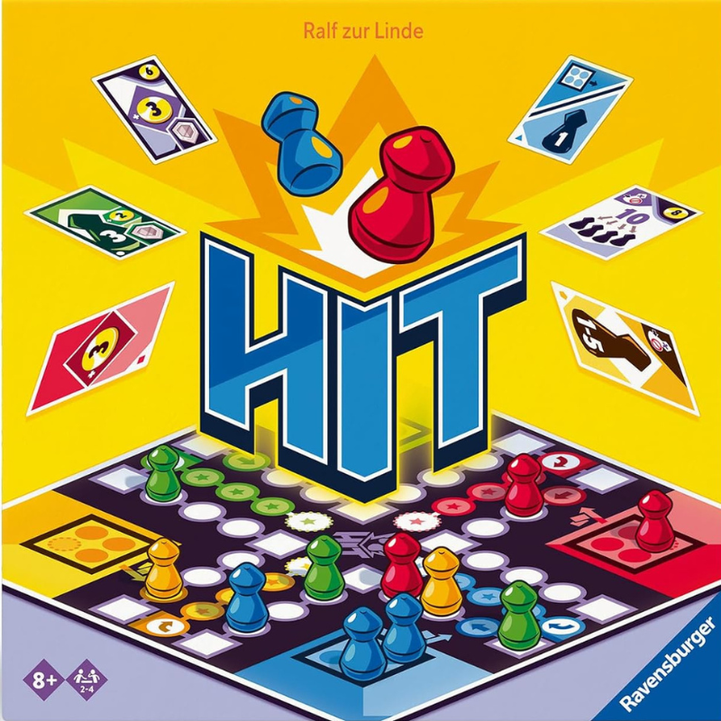 Board game 'Hit' by Ravensburger with colorful pieces and cards on a yellow background