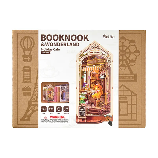 Rolife Booknook & Wonderland Holiday Café toy packaging on a white background