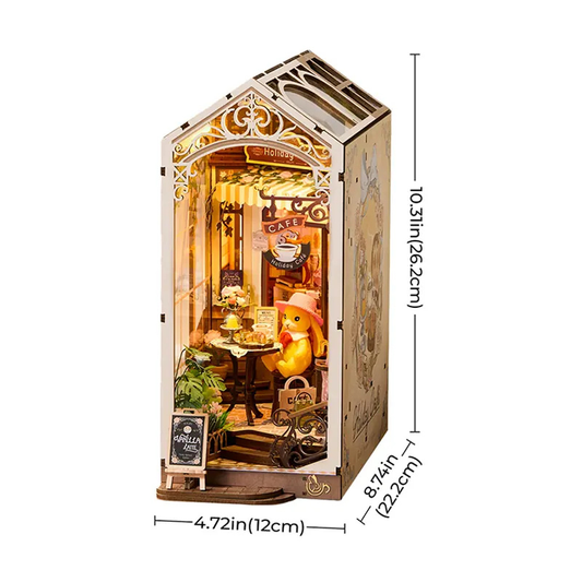 Miniature wooden house model with interior details and dimensions displayed