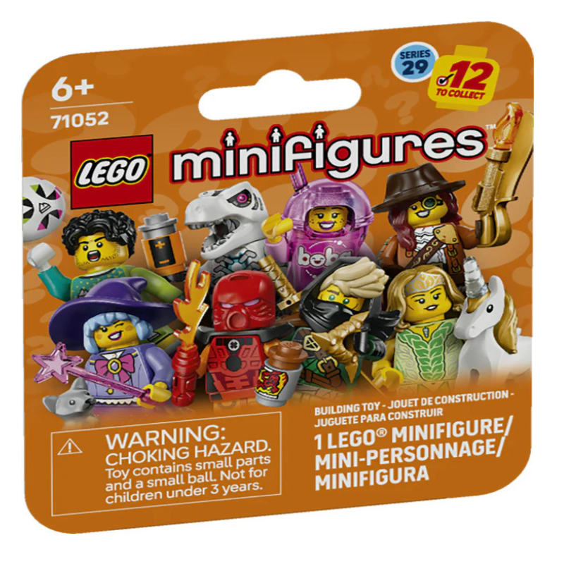 LEGO Minifigures Series 29 toy packaging, featuring a multicolor collage of the 12 minifigures included in the set on an orange-brown backing card.