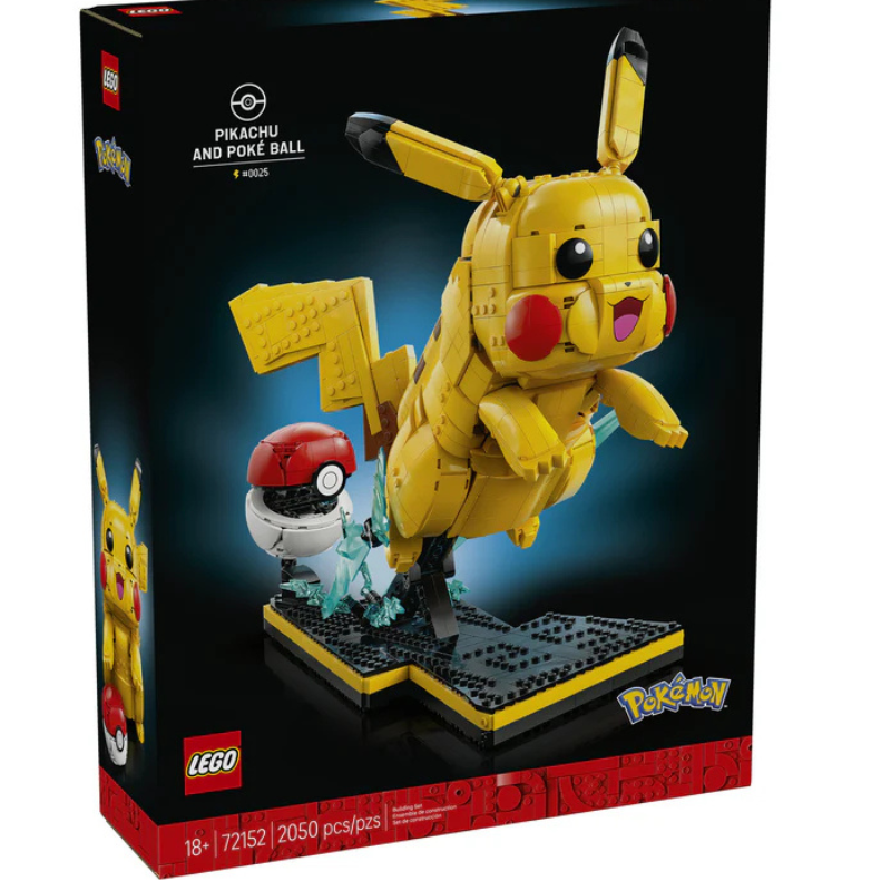 LEGO BrickHeadz Pikachu and Poke Ball set 72152, shown in its retail packaging box. The box features a large, yellow brick-built Pikachu carrying a red and white brick-built Poké Ball on its back, set against a dark background with LEGO and BrickHeadz branding.