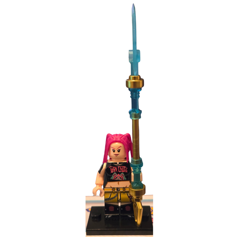 Toy figure with pink hair and a sword on a white background