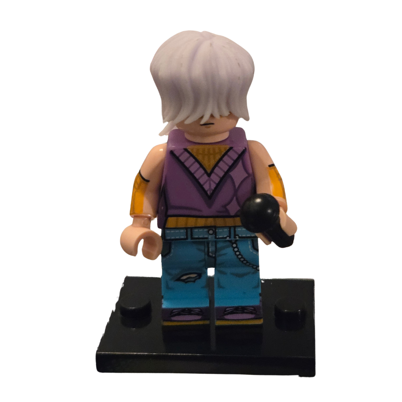 Toy figure with purple vest and blue pants on a white background