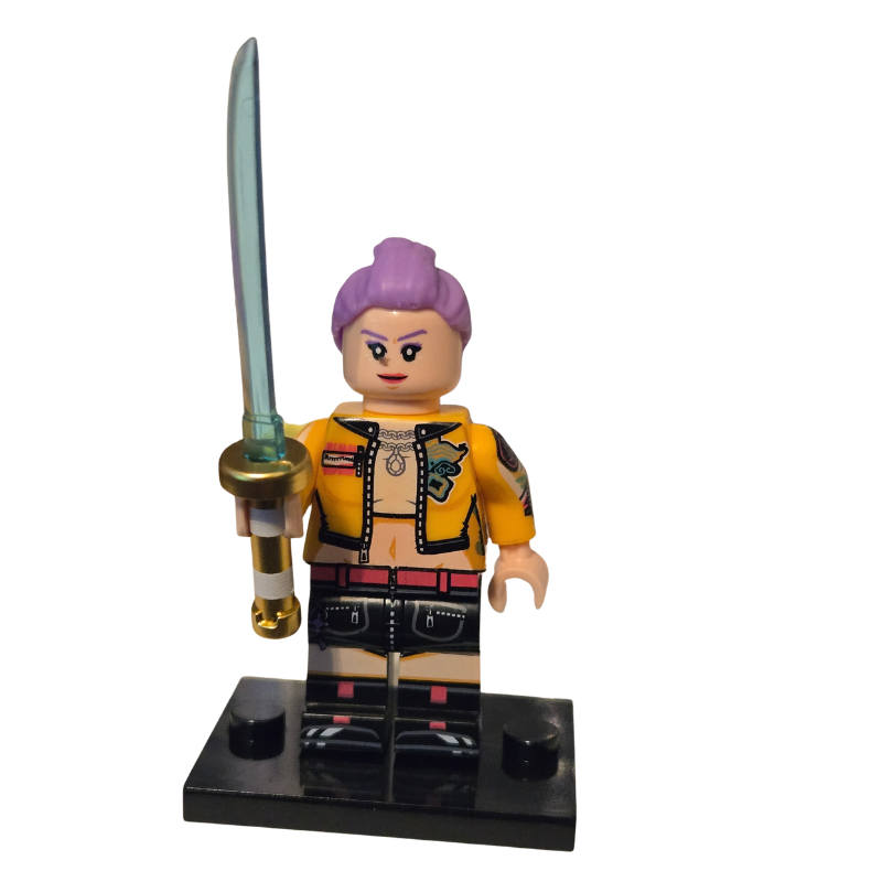Toy figure with purple hair and a sword on a white background