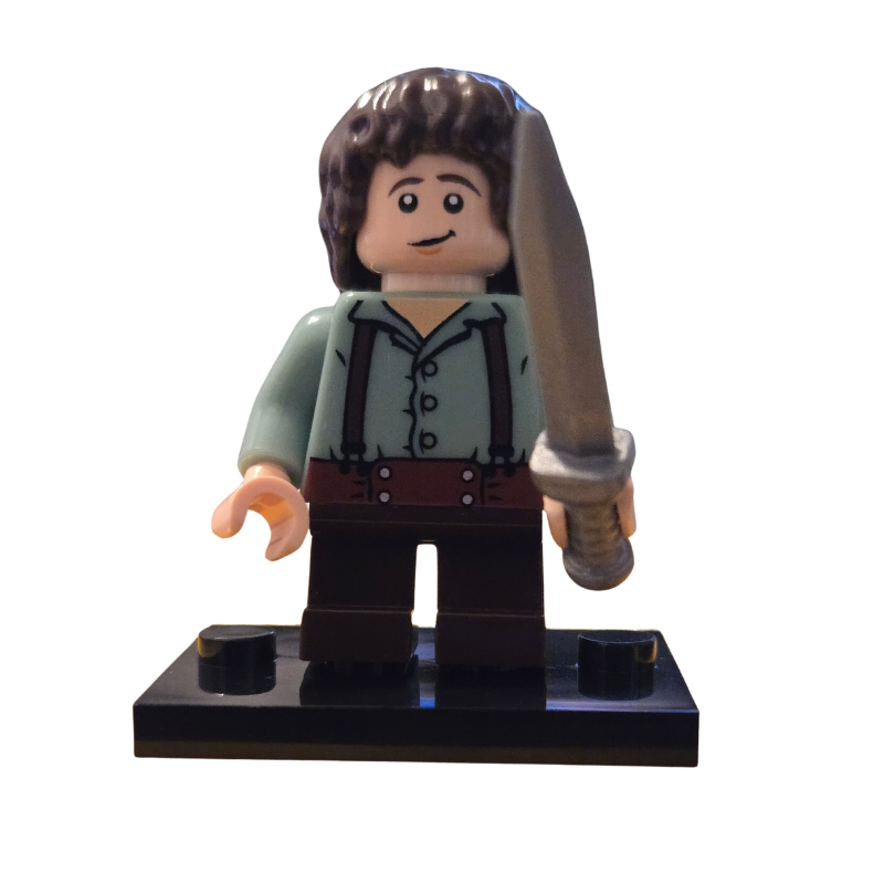 LEGO minifigure holding a sword on a white background