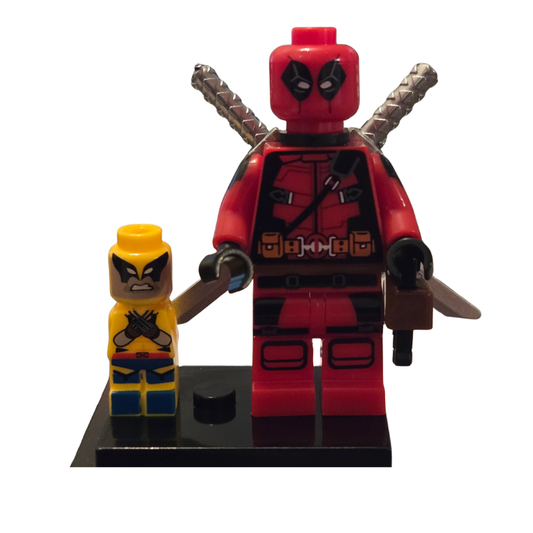 Two superhero minifigures on a white background