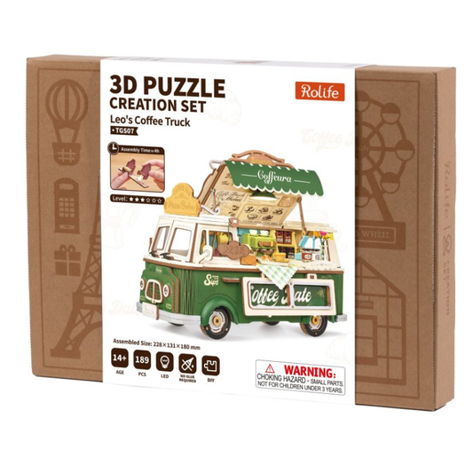 Rolife 3D Puzzle Creation Set - Leo's Coffee Truck, showing the retail packaging box with an illustration of the assembled green and cream coffee truck.