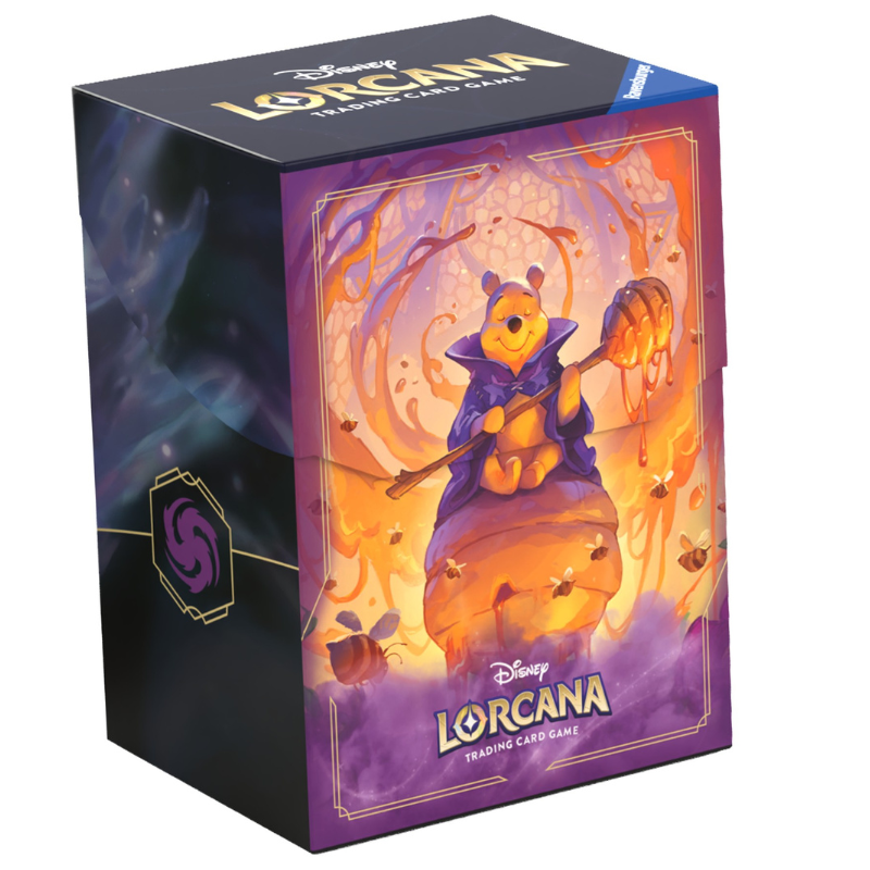 Disney Lorcana trading card box featuring a stylized illustration of Winnie the Pooh holding a honey pot, with purple and orange artwork and the Disney Lorcana branding on the front and top.