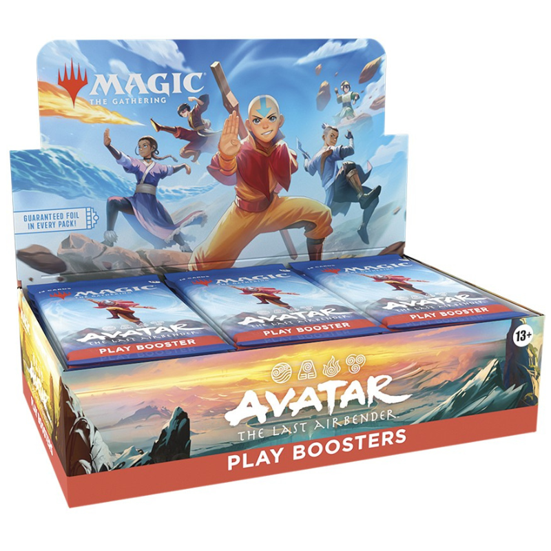 Magic: The Gathering Avatar: The Last Airbender play booster display box with three individual booster packs inside, shown on a white background.