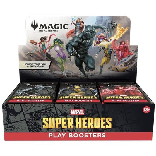 Magic: The Gathering Marvel Super Heroes Play Boosters display box with three booster packs visible inside and a printed hero collage on the back panel.