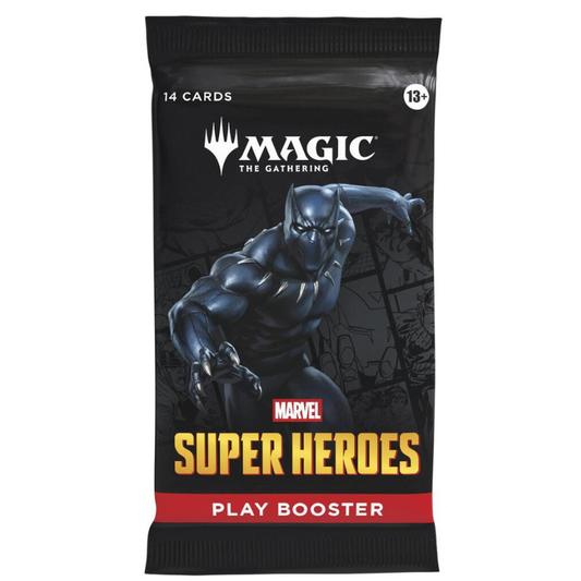 Magic: The Gathering Super Heroes play booster pack featuring Marvel's Black Panther. The black packaging displays an illustration of Black Panther, with 'MAGIC THE GATHERING' and 'SUPER HEROES' branding, and a red banner reading 'PLAY BOOSTER'.