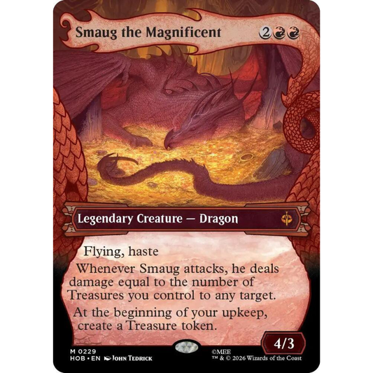 A Magic: The Gathering trading card featuring Smaug the Magnificent, a legendary dragon creature with artwork of a red dragon over glowing gold treasure, published by Wizards of the Coast.
