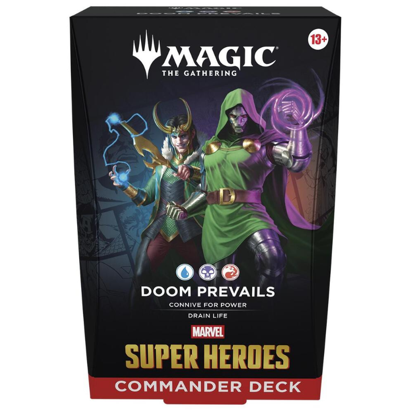 MAGIC THE GATHERING Marvel Super Heroes Commander Deck packaging with two characters on a black background.