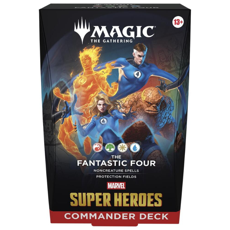 Card game box featuring characters from 'The Fantastic Four' with 'Magic: The Gathering' branding.
