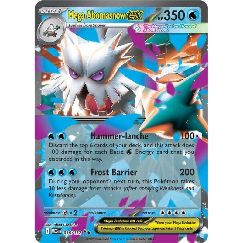 Pokémon trading card featuring Mega Abomasnow EX with colorful design and text.