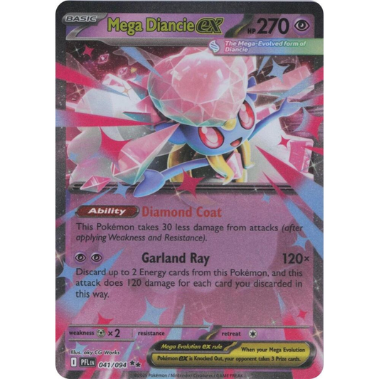 Pokémon trading card featuring Mega Diancie EX with colorful design and text.