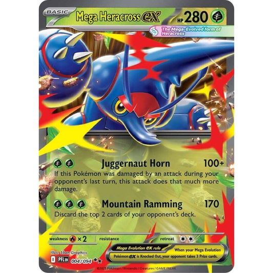 Pokémon trading card featuring Mega Heracross EX with colorful design and text.
