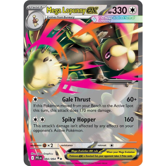 Pokémon trading card featuring Mega Lopunny EX with colorful design and text.
