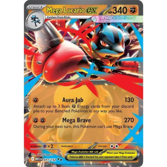Pokémon trading card featuring Mega Lucario EX with vibrant colors and text.