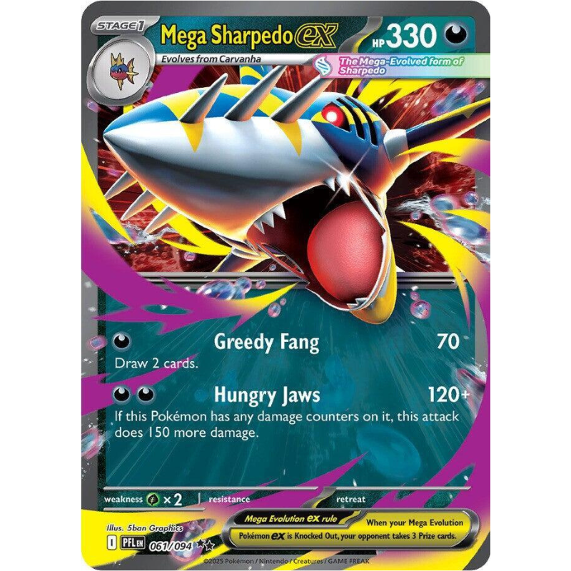 Pokémon trading card featuring Mega Sharpedo EX with vibrant colors and detailed design.