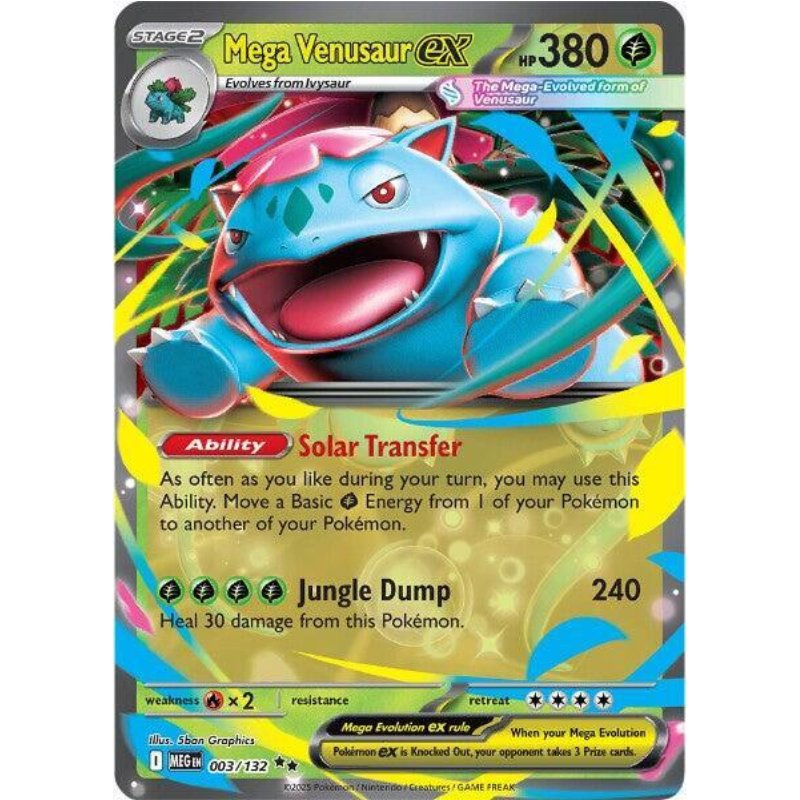 Pokémon trading card featuring Mega Venusaur EX with colorful design and text.