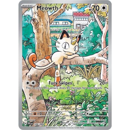 Pokémon trading card featuring Meowth in a forest setting
