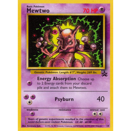 Pokémon trading card featuring Mewtwo with a purple border