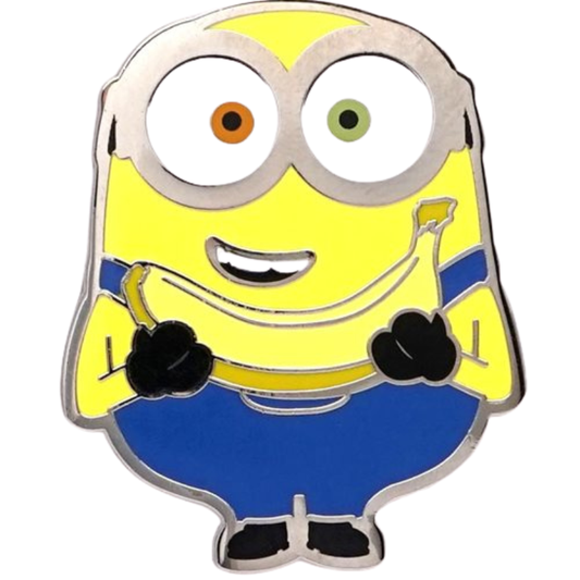 A Minions character enamel pin featuring a yellow goblin with blue overalls, black gloves, and a silver metal outline on a plain white background.