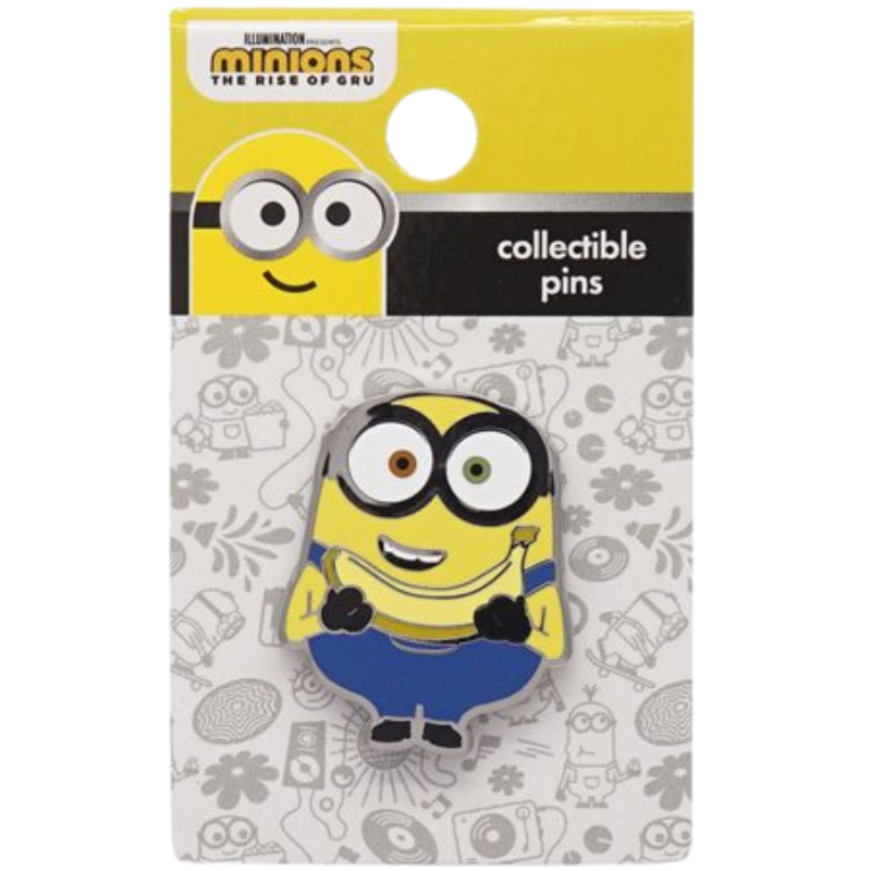A Minions collectible pin of a yellow goblin character with black goggles and blue overalls, attached to a yellow and white blister card labeled 'collectible pins' and 'Minions the Rise of Gru'.