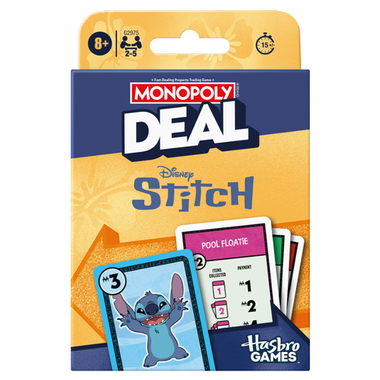 Monopoly Deal Disney Stitch card game packaging with cartoon character and cards on a white background