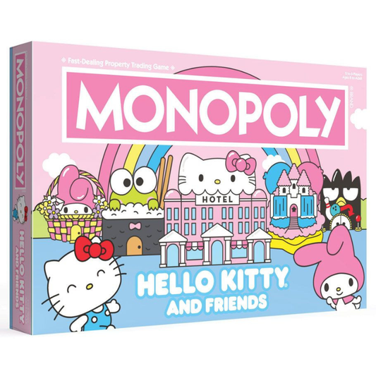 Monopoly: Hello Kitty and Friends board game box shown at a slight angle on a white background. The box features a pink top half with the large 'MONOPOLY' title and a blue bottom half with Hello Kitty, Sanrio characters, and castle illustrations.