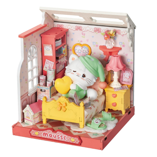 Toy dollhouse with a cat character and furniture on a white background