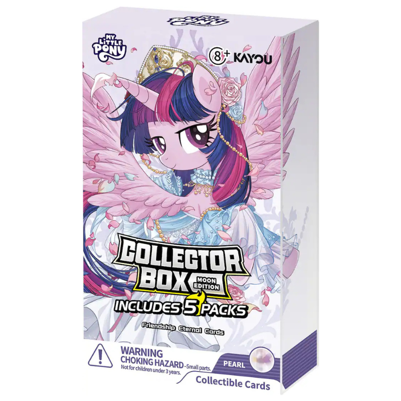 My Little Pony: Moon Crown Collector Box card pack on a plain white background. The box features an illustration of Twilight Sparkle with pink wings and a gold crown, with text reading 'Collector Box Moon Crown' and 'Includes 5 Packs'.