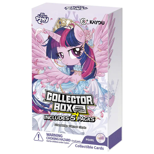 My Little Pony: Moon Crown Collector Box card pack on a plain white background. The box features an illustration of Twilight Sparkle with pink wings and a gold crown, with text reading 'Collector Box Moon Crown' and 'Includes 5 Packs'.