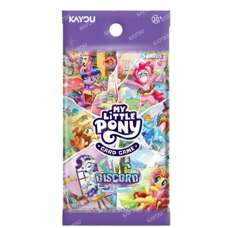 A sealed My Little Pony Card Game Discord booster pack by KAYOU, featuring colorful character artwork and the My Little Pony logo on a purple background.