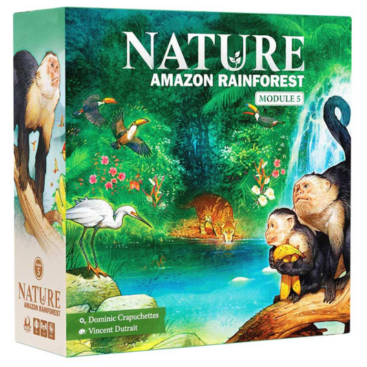 NATURE: Amazon Rainforest Module 5 board game box, featuring a colorful jungle illustration with toucans, a white heron, capybara, monkeys, and a waterfall on a green background.
