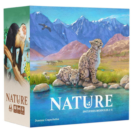 Board game box titled 'Nature' with animal illustrations on a mountainous landscape