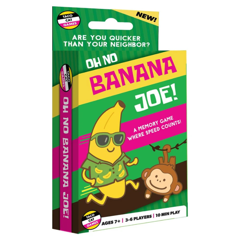 Card game packaging for 'Oh No Banana Joe!' with colorful design and cartoon banana character.