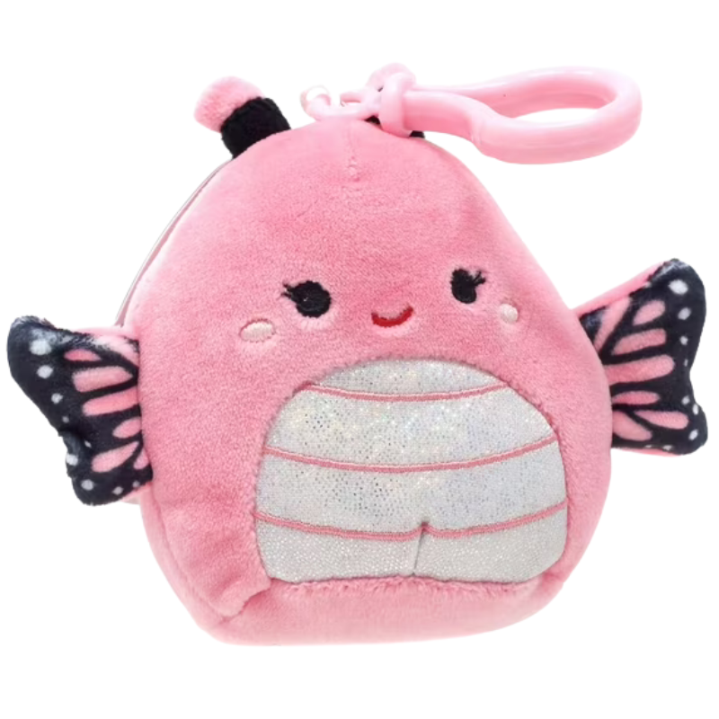 Pink plush toy with butterfly wings on a white background