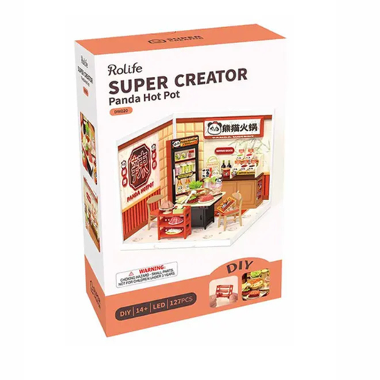 A boxed DIY hot pot restaurant miniature kit labeled 'Rolife SUPER CREATOR Panda Hot Pot' on a plain white background. The retail box is mostly white with orange bands and a printed illustration of the assembled miniature shop interior.
