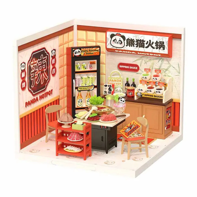 A miniature dollhouse-style restaurant set featuring a panda hotpot shop with detailed interior furniture, food items, shelves, and signage in warm red, beige, and brown tones.