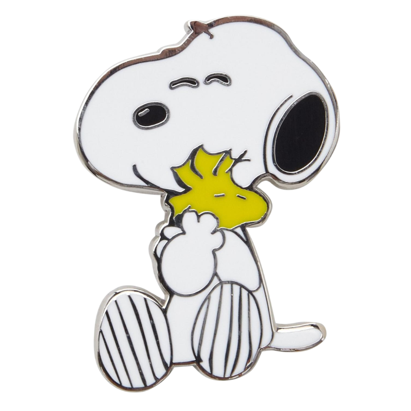A Snoopy enamel pin featuring the character in a white and black striped pose, holding a yellow bird with a black eye, outlined in silver metal on a plain white background.