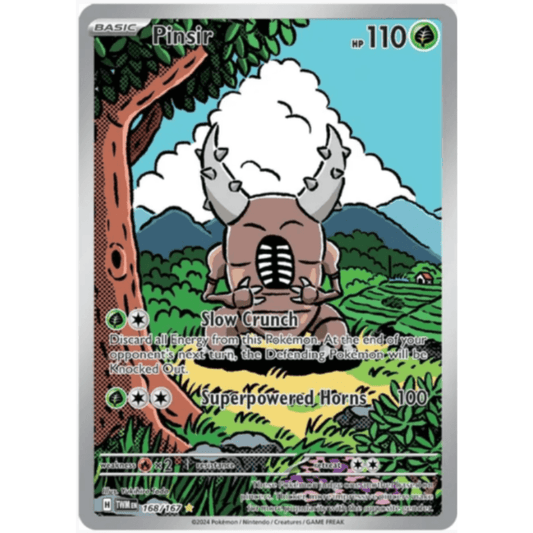 A trading card featuring the Pokémon Pinsir with an illustration of the character in a forest setting. The card includes game stats and card information.
