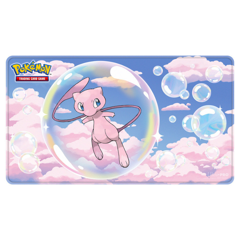 Pokémon trading card game card with Mew in a bubble against a pastel sky background
