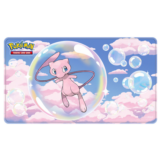 Pokémon trading card game card with Mew in a bubble against a pastel sky background