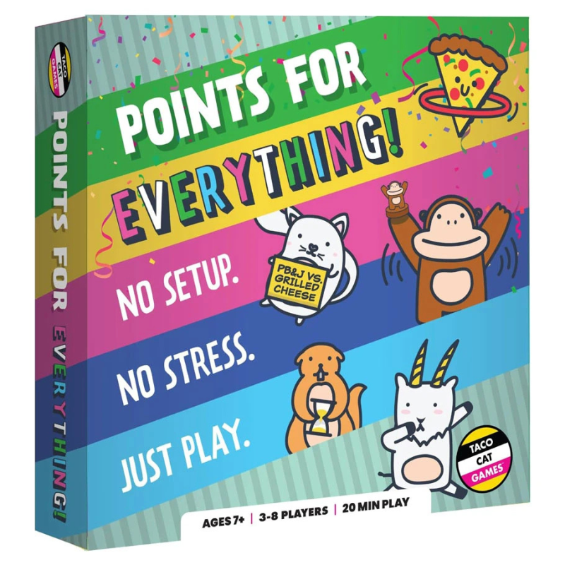 Points For Everything! Cat Games board game box shown at a slight angle to display both the front cover and spine. The box features a vibrant, multi-colored striped background with cartoon illustrations of a pizza slice, a monkey, a cheese cat, a taco cat, and a white cat holding a sign that reads 'Pelts vs.