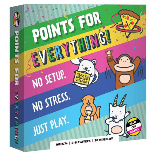Points For Everything! Cat Games board game box shown at a slight angle to display both the front cover and spine. The box features a vibrant, multi-colored striped background with cartoon illustrations of a pizza slice, a monkey, a cheese cat, a taco cat, and a white cat holding a sign that reads 'Pelts vs.