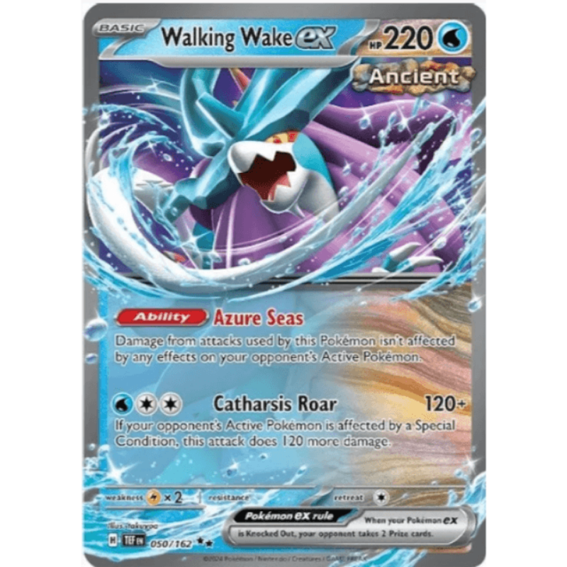 A trading card featuring the Pokémon Walking Wake ex with a blue and purple background. The card displays the Pokémon's artwork, stats, and abilities, including a special attack named Catharsis Rage.